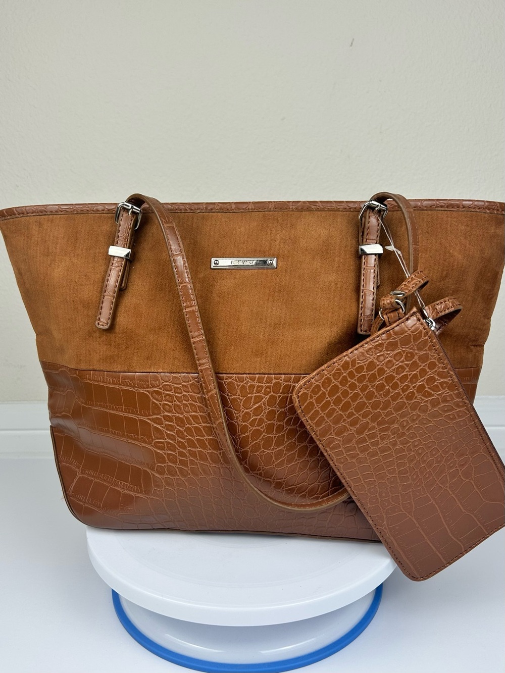 Nine West Brown Crocodile Faux Leather Suede Satchel Shoulder Bag